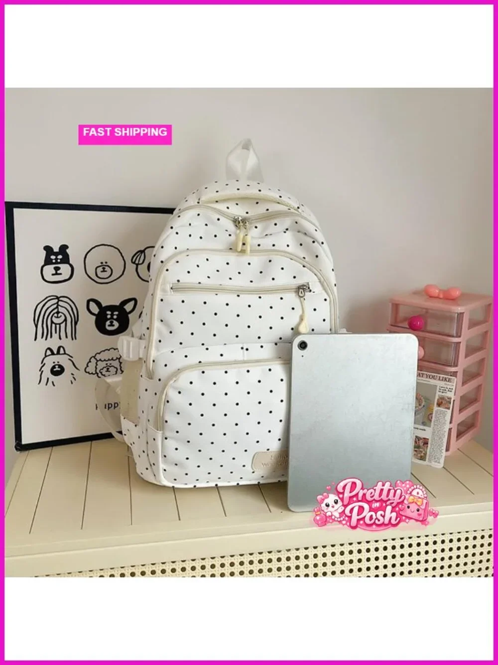 Polka Dot Nylon Backpack Set with Crossbody & Pouch